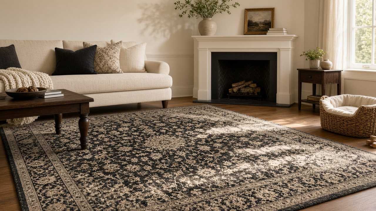 A patterned area rug in a warm, sunlit living room